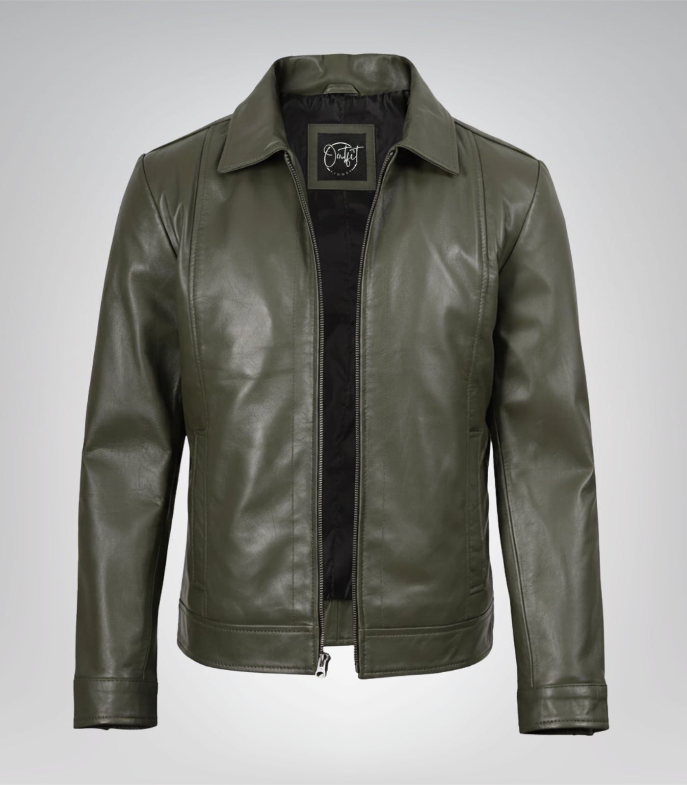 Men’s Olive Green Leather Jacket with Classic Shirt Collar