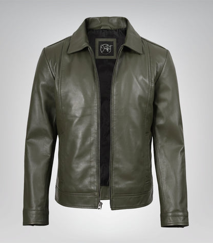 Men’s Olive Green Leather Jacket with Classic Shirt Collar