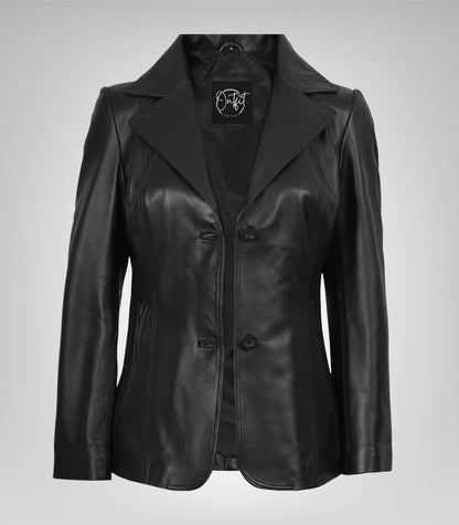 Women’s premium black leather blazer jacket with two buttons