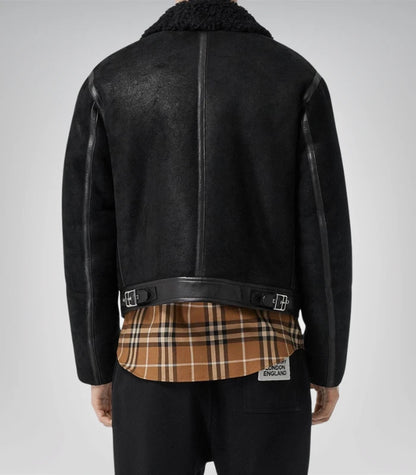 Classic men's shearling-lined leather coat – jet black design