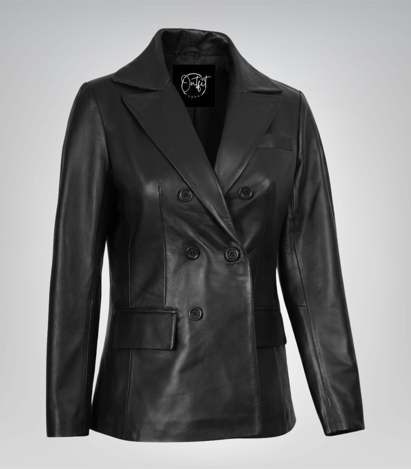 Women’s premium black leather coat with double-breasted closure