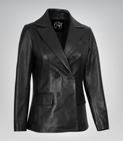Women’s premium black leather coat with double-breasted closure