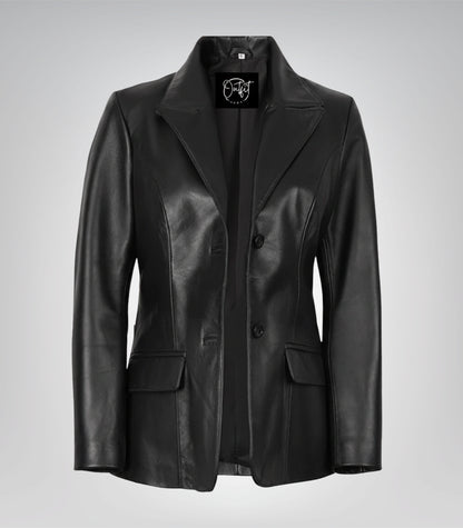 Women’s Black Leather Blazer – Classic Two-Button Genuine Lambskin Jacket