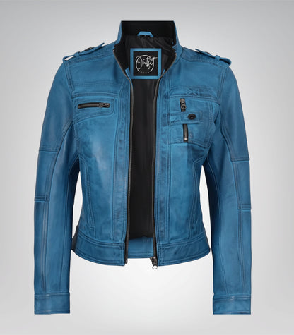 Women’s Premium Blue Leather Biker Jacket Waxed Lambskin