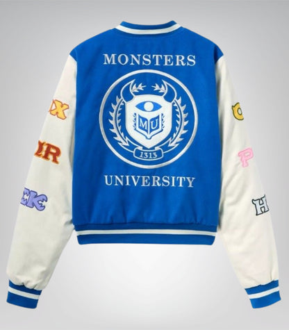 Monsters University Adults Varsity Jacket by Her Universe Wool &amp; Leather Sleeves (Blue &amp; White)