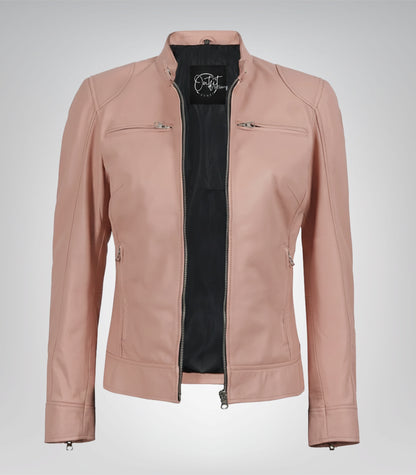 Women’s soft pink real leather motorcycle-style jacket