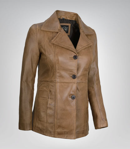 Women’s premium camel leather blazer jacket with three buttons