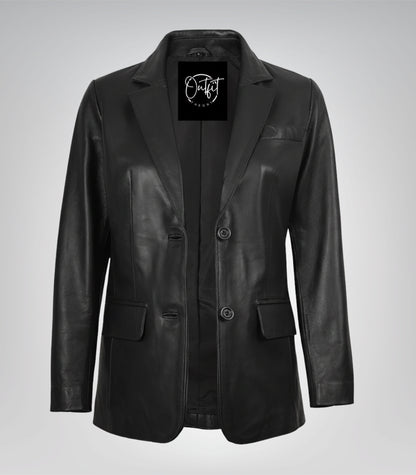 Women’s premium black leather blazer jacket with two buttons