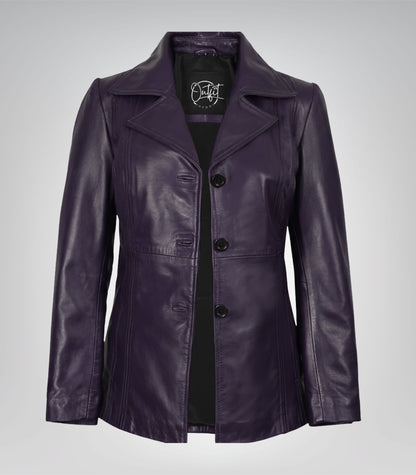 Women’s premium purple leather blazer jacket with three buttons