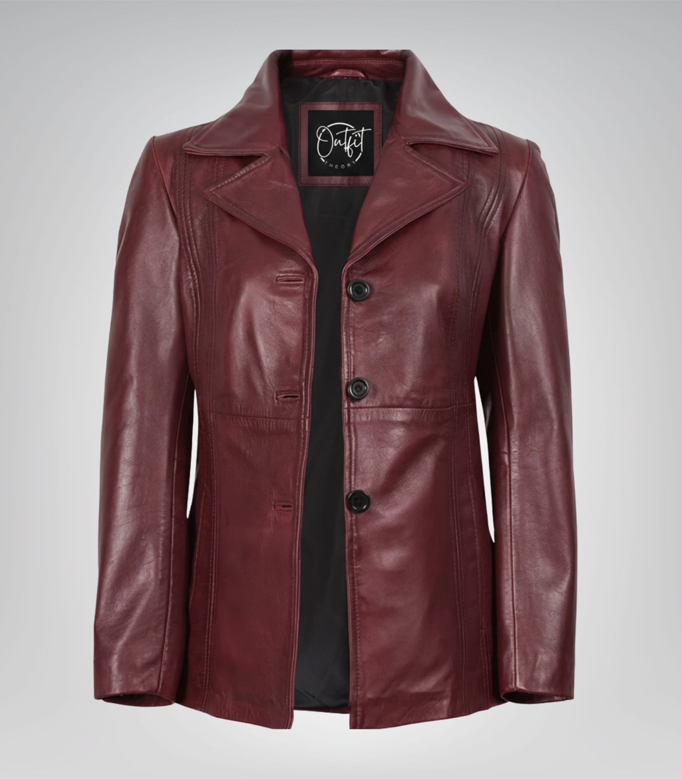 Women’s premium burgundy leather blazer jacket with three buttons