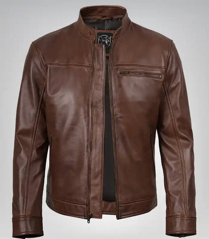 Men's Cognac Biker Leather Jacket Genuine Real Leather Motorcycle Style