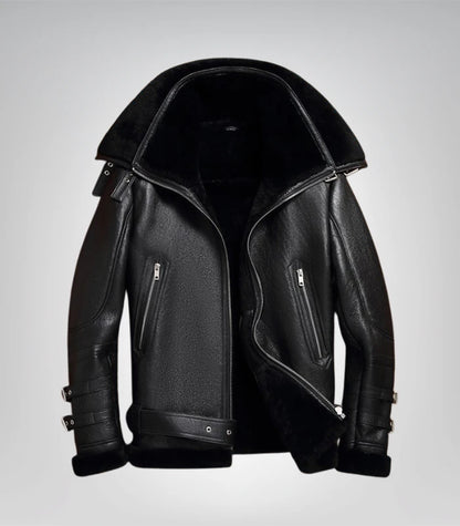 Men’s warm black leather B3 bomber jacket – shearling aviator outerwear