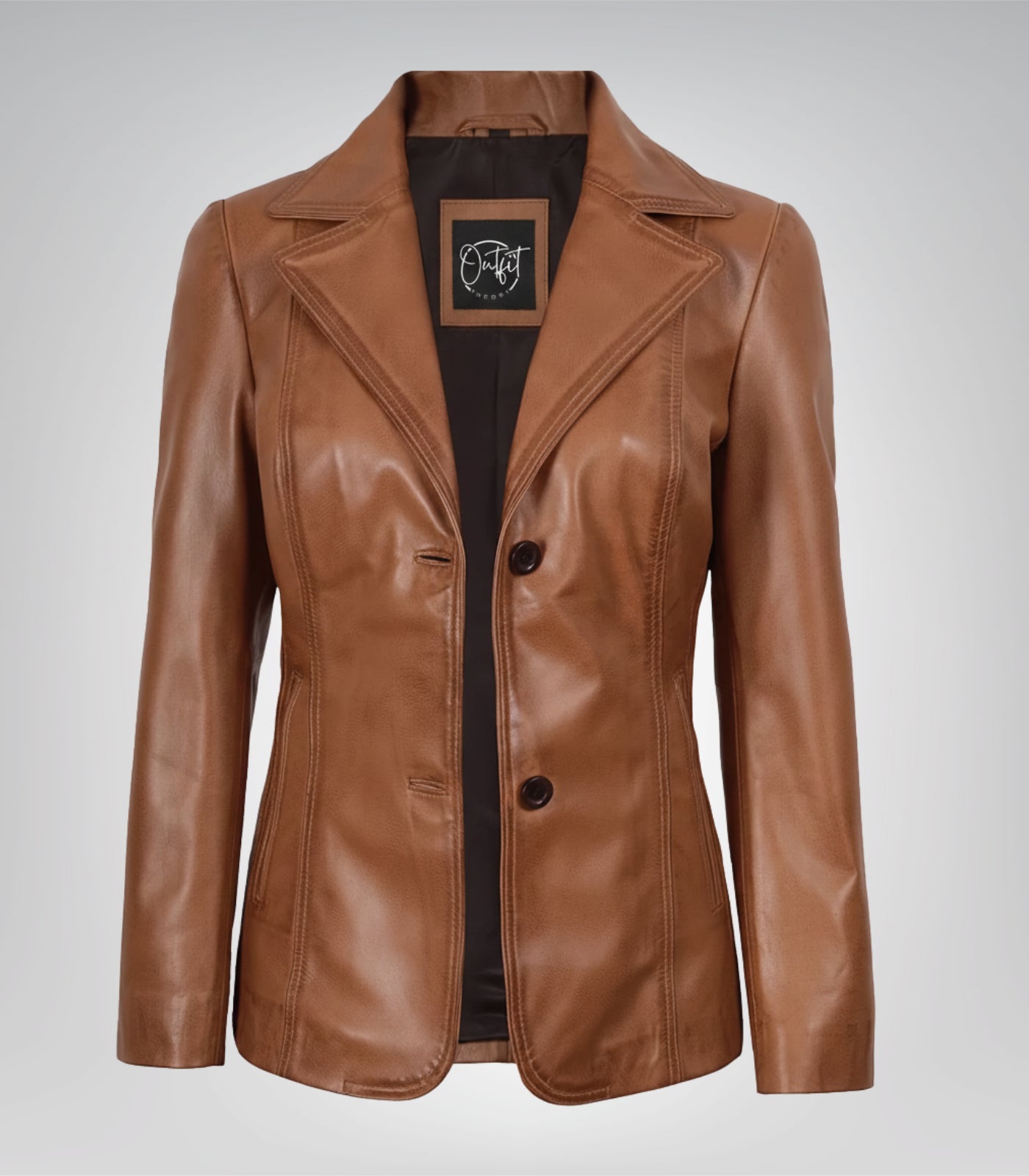 Women’s premium tan leather blazer jacket with classic two buttons