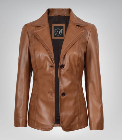 Women’s premium tan leather blazer jacket with classic two buttons