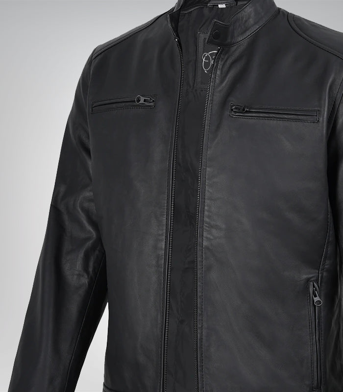 Men’s Matte Black Biker Jacket 100% Real Leather, Café Racer Style