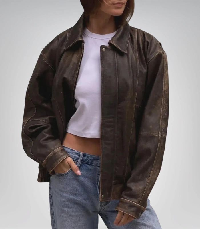 Women’s brown oversized bomber coat – real lambskin leather fashion