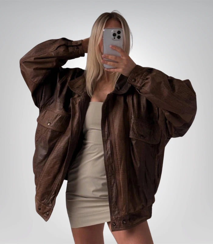 Distressed brown bomber jacket – 1970s retro leather outerwear
