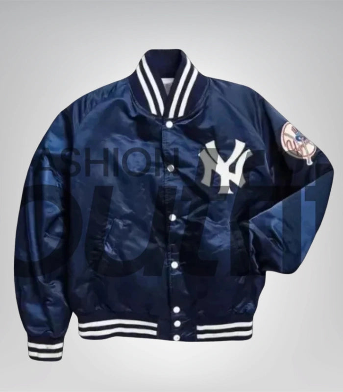 Vintage 90s Yankees bomber jacket – blue satin varsity outerwear
