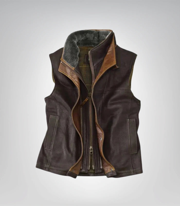 Dark Brown Leather Vest Western Cowboy Style with Shearling Collar