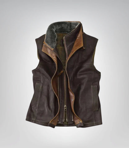 Dark Brown Leather Vest Western Cowboy Style with Shearling Collar