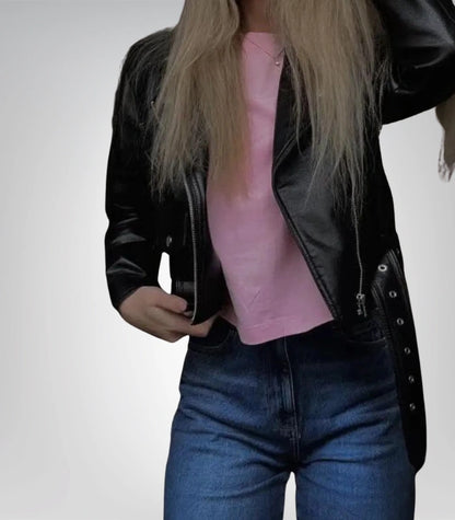 Genuine Sheepskin Leather Biker Jacket for Women – Classic Black Design