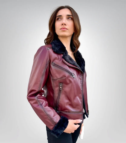 Men’s burgundy leather jacket with fur – stylish genuine leather coat