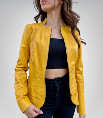 Bright yellow leather jacket – sporty genuine leather style