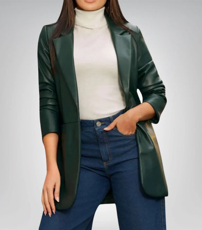 Modern faux leather blazer for women – hip-length fashion jacket