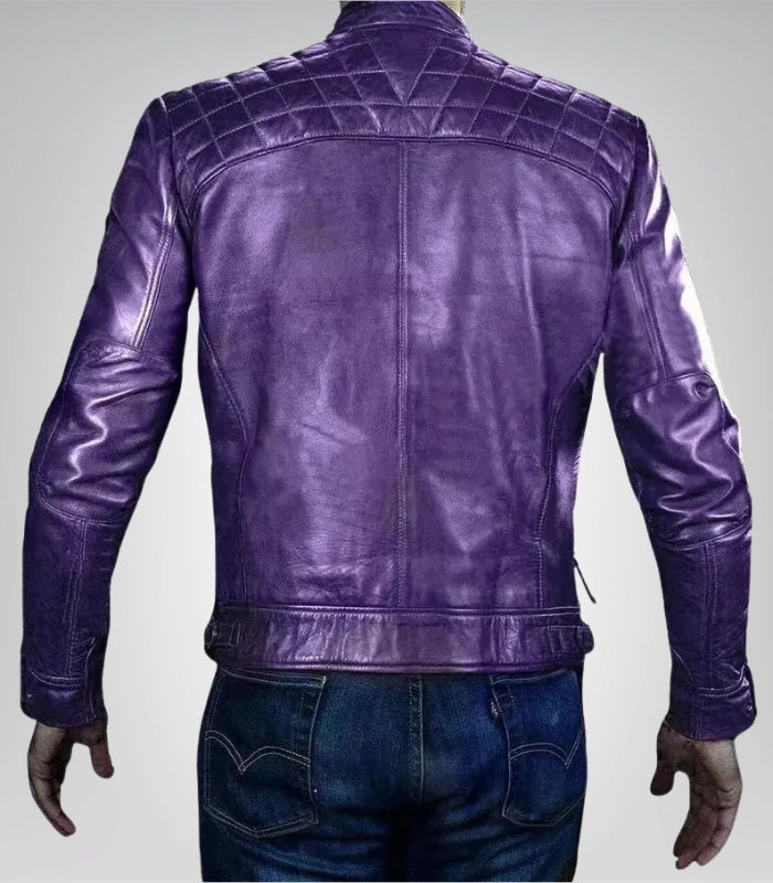Slim fit purple leather jacket – diamond pattern moto style
