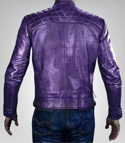 Slim fit purple leather jacket – diamond pattern moto style