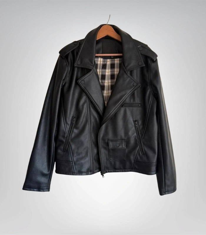 Handmade women’s black leather moto jacket – slim fit design