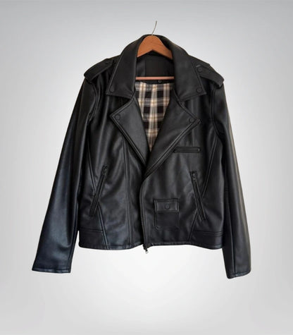 Handmade women’s black leather moto jacket – slim fit design