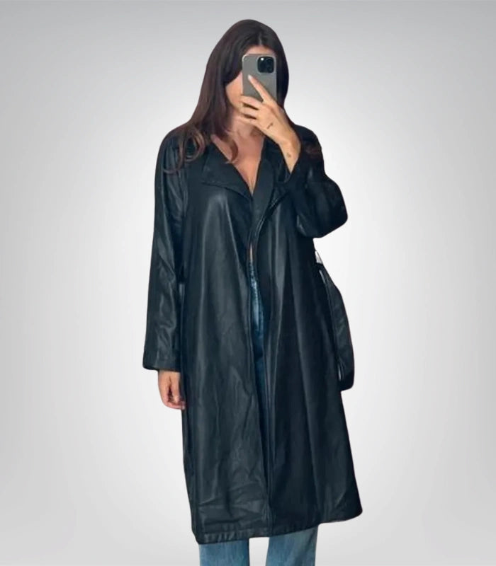 Retro black leather long coat – vintage trench jacket for women