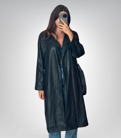 Retro black leather long coat – vintage trench jacket for women