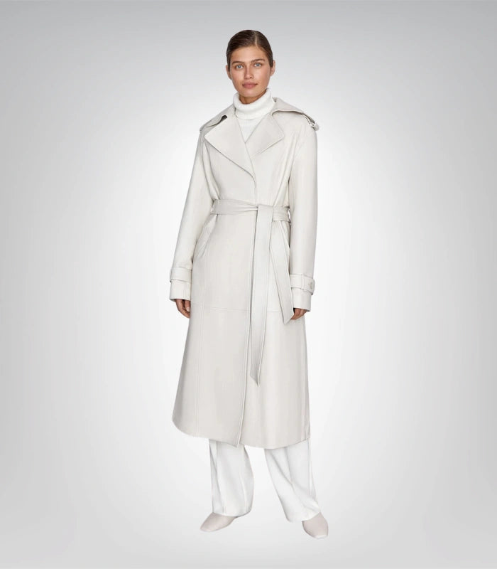 Premium women’s off-white trench coat – long leather fashion jacket