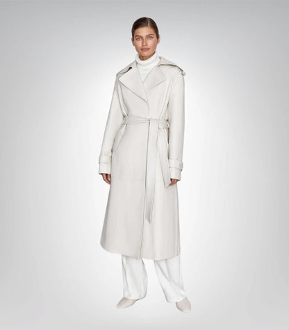 Premium women’s off-white trench coat – long leather fashion jacket