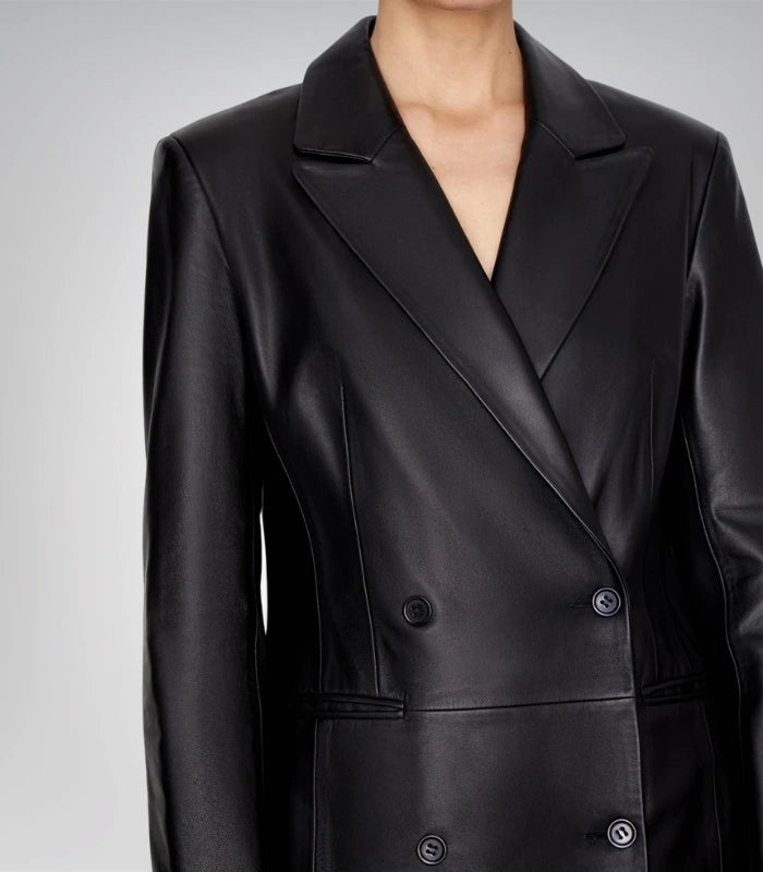 Women’s Black Leather Trench Coat Long Elegant Leather Coat