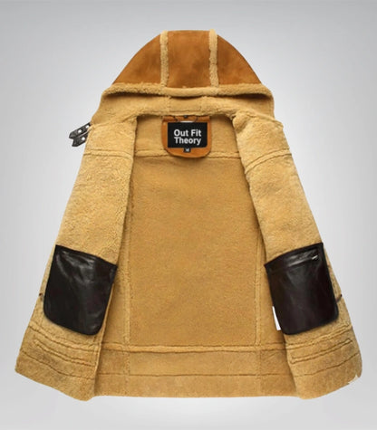 Men's Suede Leather Shearling Bomber Jacket Hooded Winter Coat