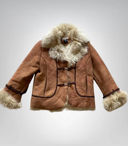 Vintage Afghan suede coat for women – sheepskin shearling brown fur outerwear