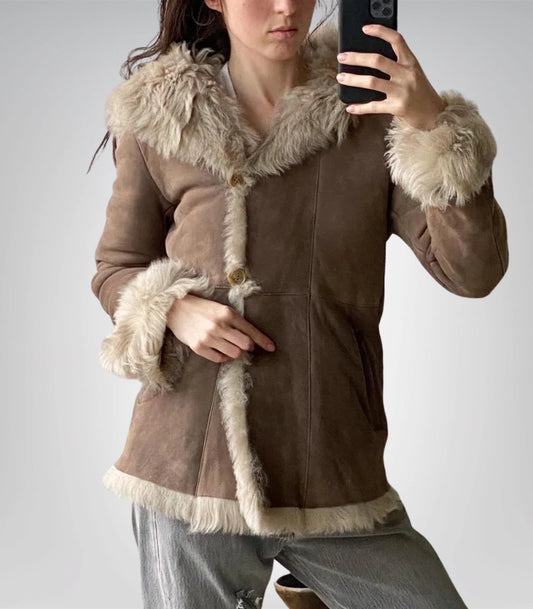 Women’s vintage shearling hooded coat – handmade Afghan style suede jacket