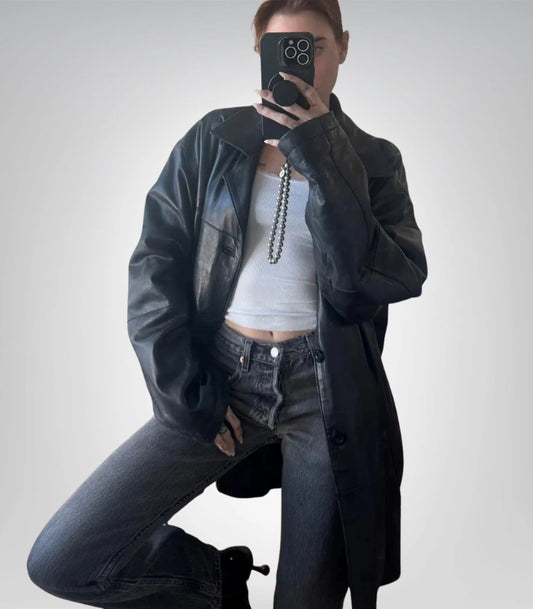 Long black leather coat – women’s vintage sheepskin buttoned design