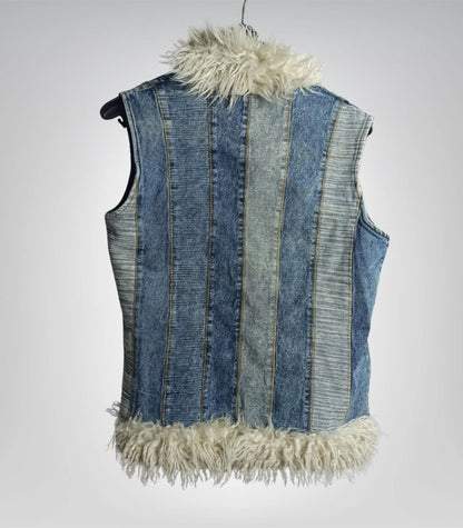 Boho hippie style vest – women’s patchwork denim faux fur outerwear