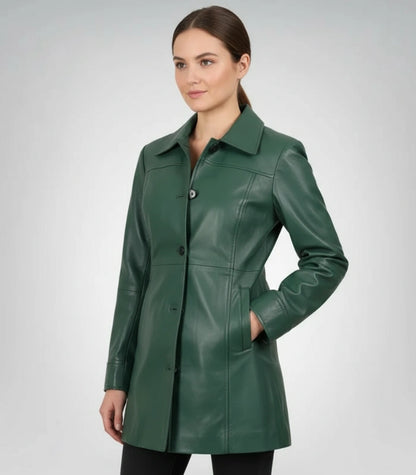 Stylish women’s green leather coat – mid-length buttoned design