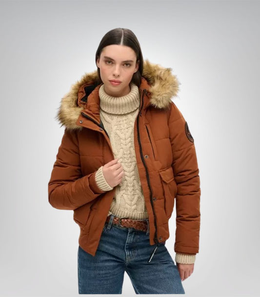 Women's hooded fully lined puffer jacket with embroidered design