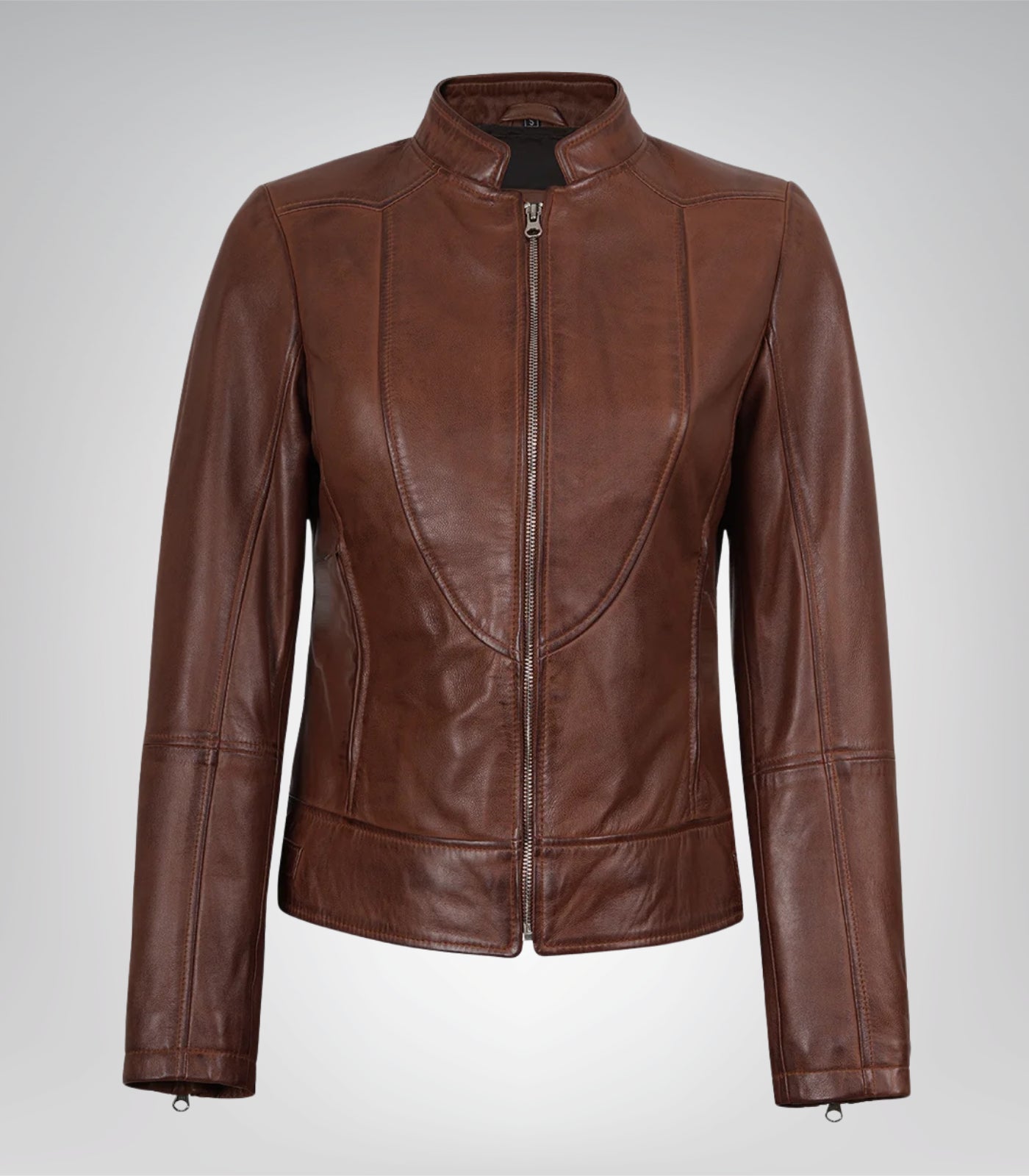 Women’s premium cognac-toned leather biker jacket