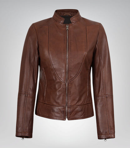 Women’s premium cognac-toned leather biker jacket