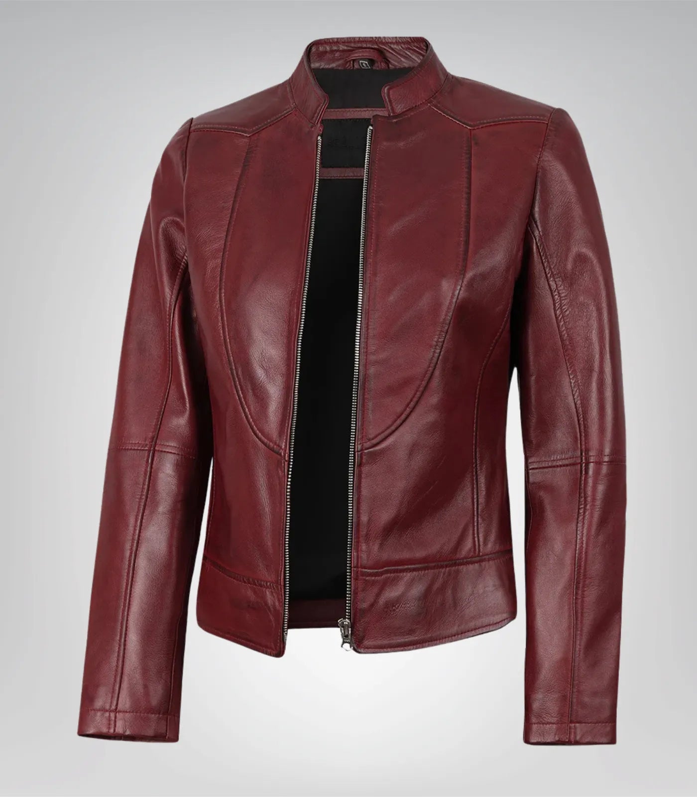 Stylish women’s burgundy leather moto jacket – slim tailored fit