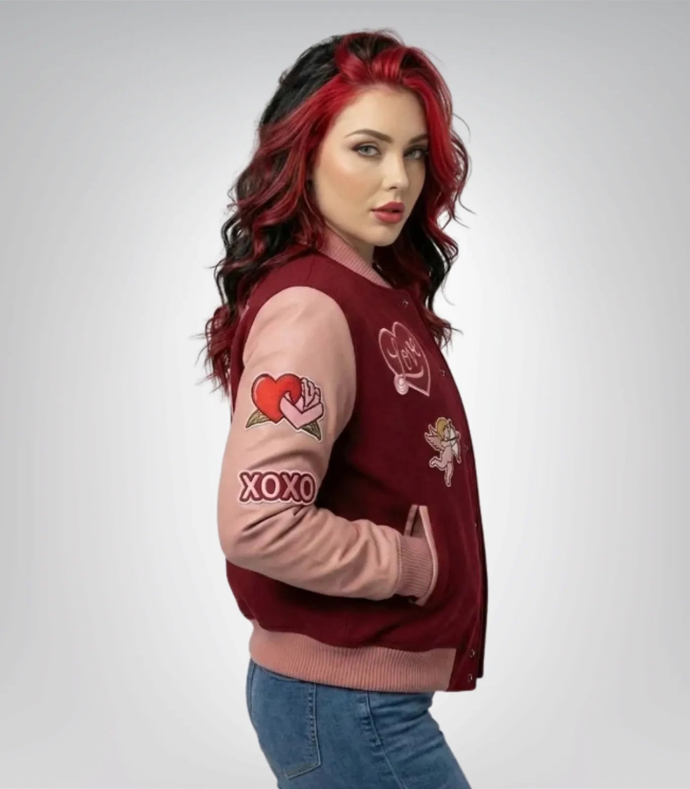 Women’s Valentine Varsity Jacket – Love Patch Embroidered