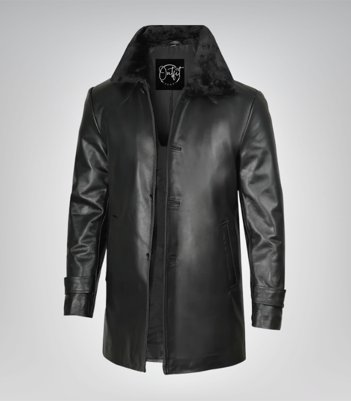 Men’s Classic Black Leather Long Coat – 3/4 Length with Shearling Style Collar