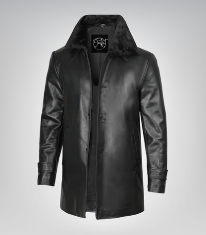Men’s Classic Black Leather Long Coat – 3/4 Length with Shearling Style Collar